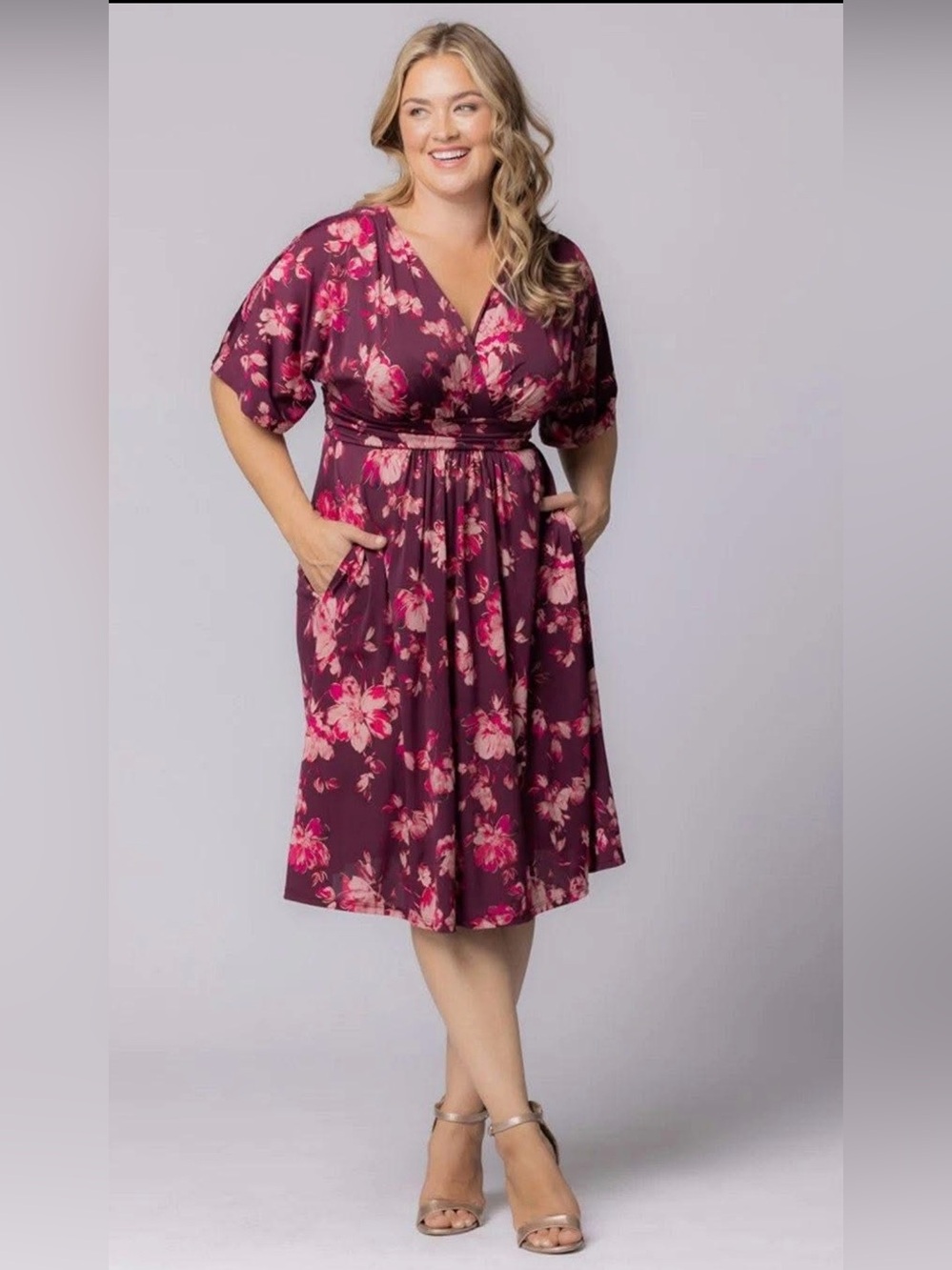 Kiyonna burgundy gold and pink floral midi dress plus size women’s 2X (18-20)